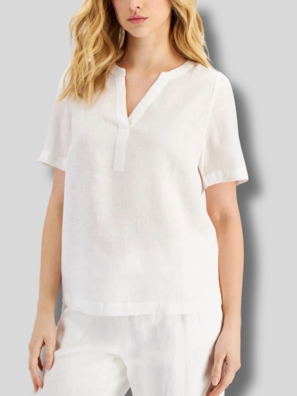NWT Charter Club Luxury Linen Bright White Short Sleeve Linen Split Neck Blouse